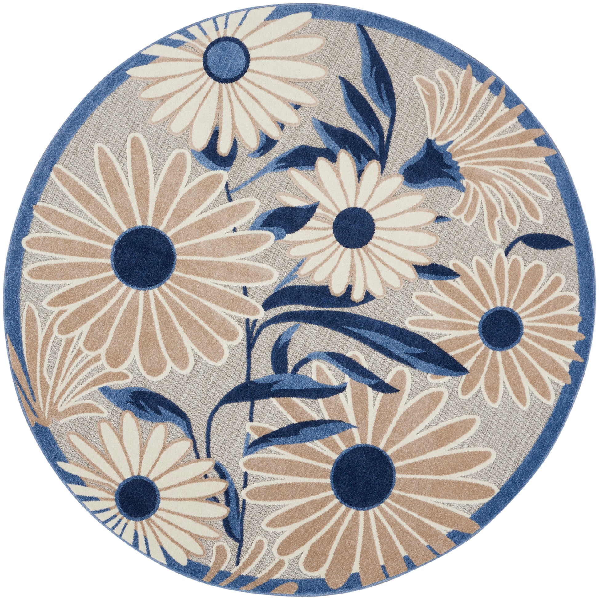 Round floral rug featuring beige daisies with dark blue centers and blue leaves on a light gray background with a blue border.