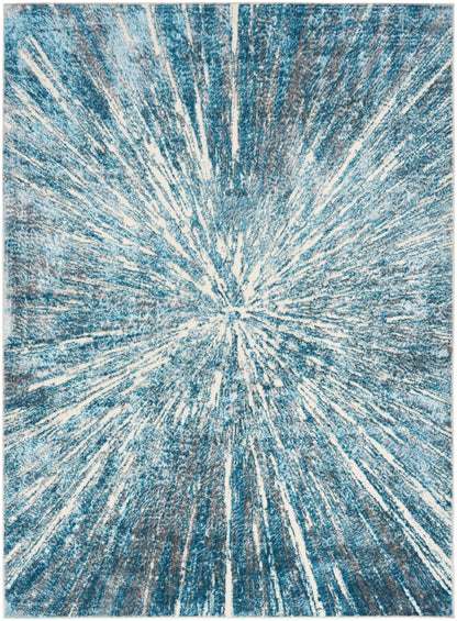 Blue sunburst rug with white radiating streaks; rectangular shag texture for modern living spaces.