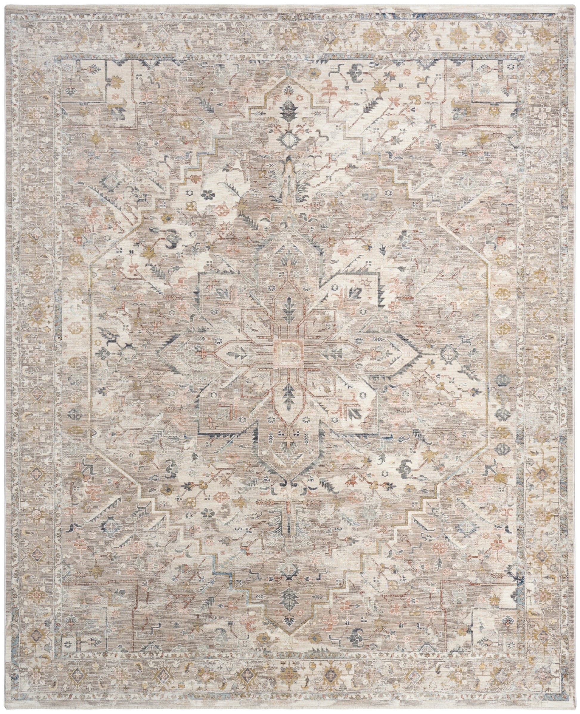 Neutral distressed area rug with central medallion, geometric floral motifs, in beige, ivory, gray and pale blue tones.