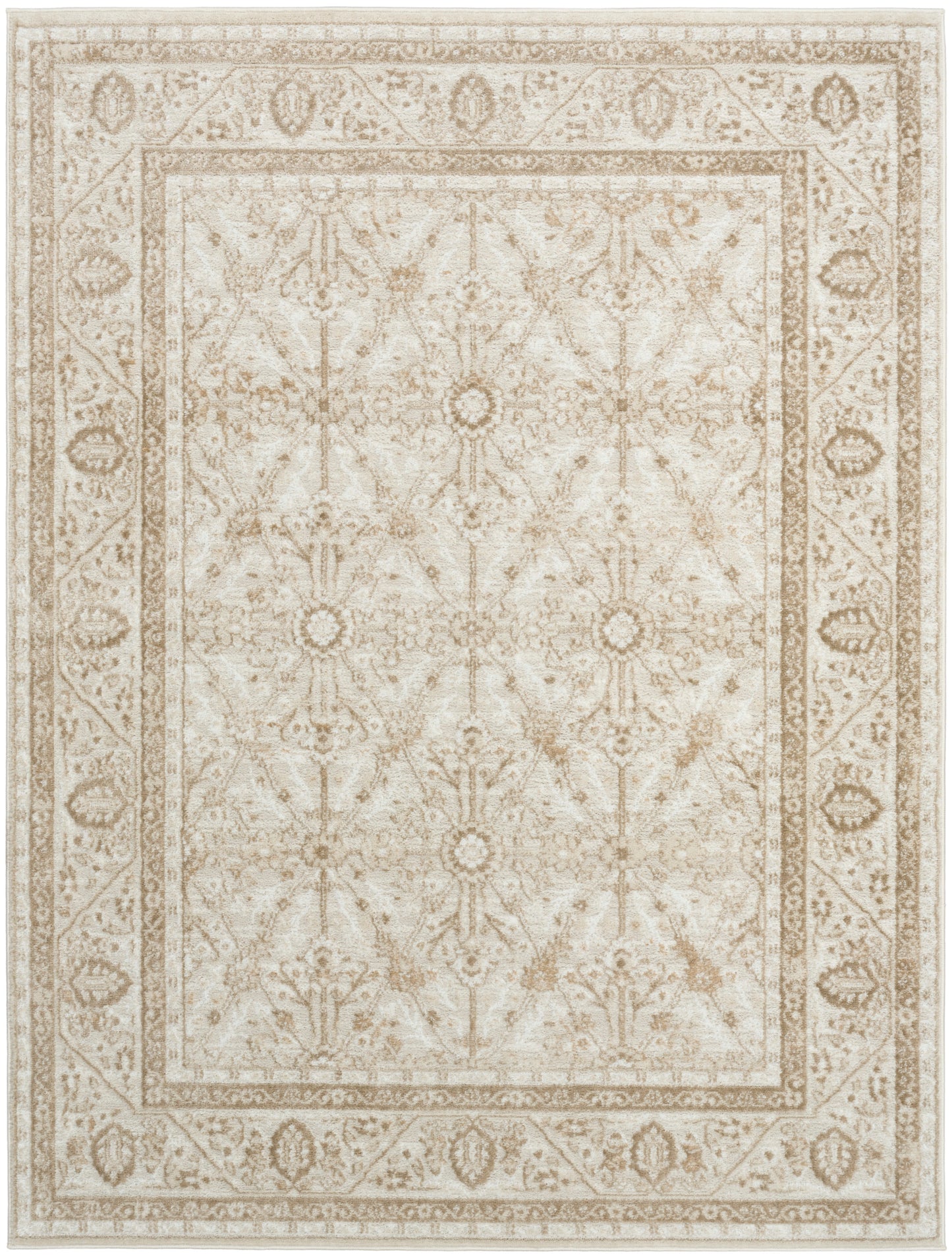 Cream-and-tan traditional Persian-style area rug with repeating floral medallions and ornate border.