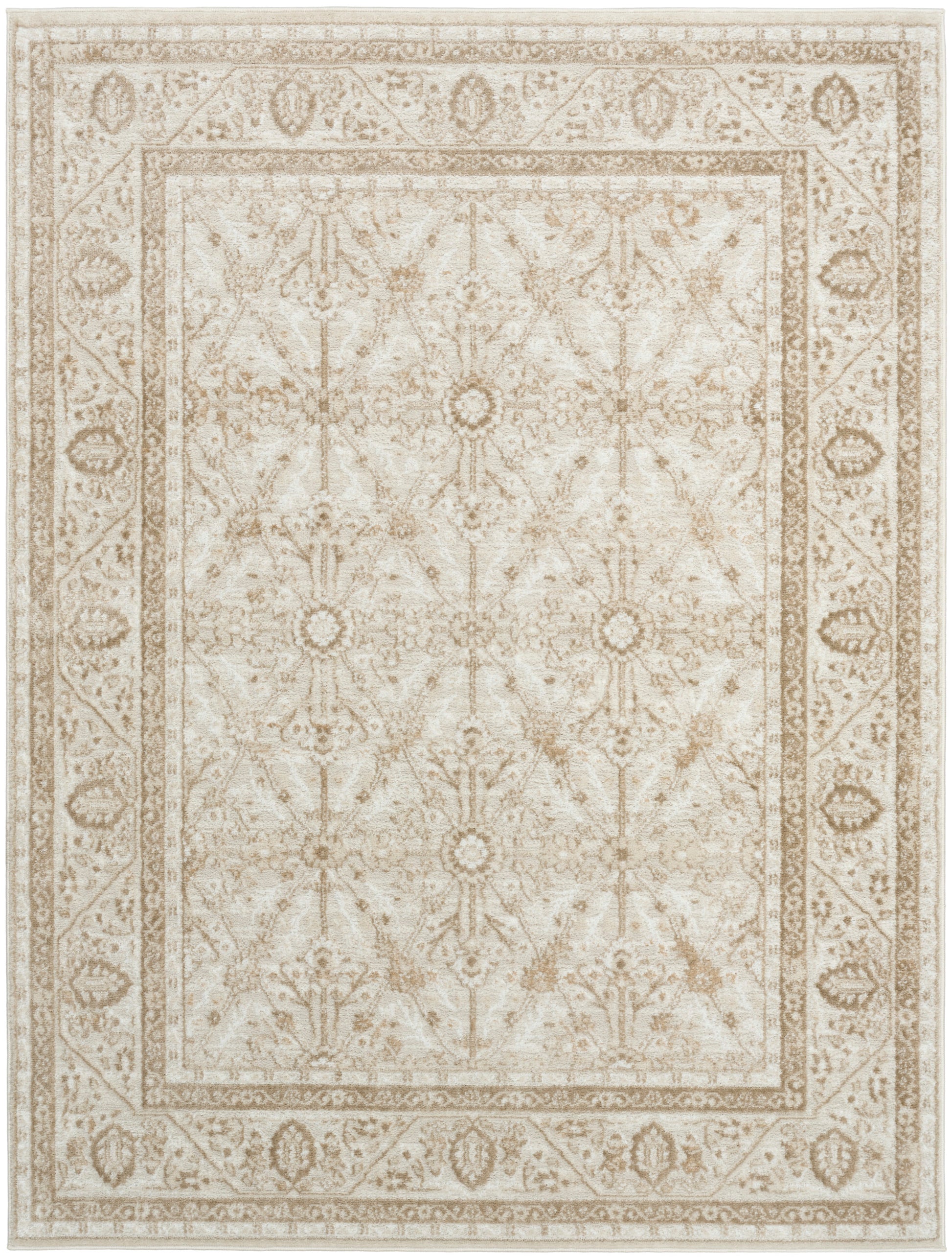 Cream-and-tan traditional Persian-style area rug with repeating floral medallions and ornate border.