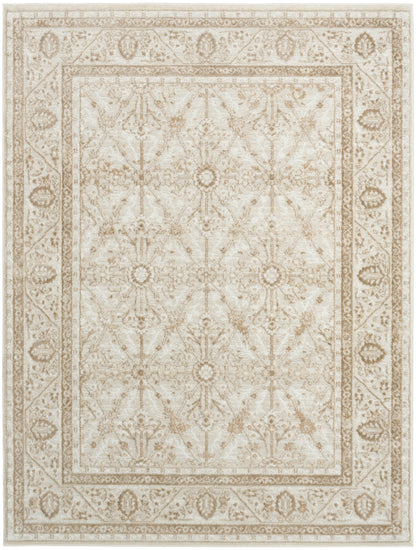 Cream-and-tan traditional Persian-style area rug with repeating floral medallions and ornate border.