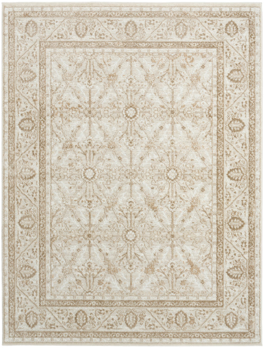 Cream-and-tan traditional Persian-style area rug with repeating floral medallions and ornate border.