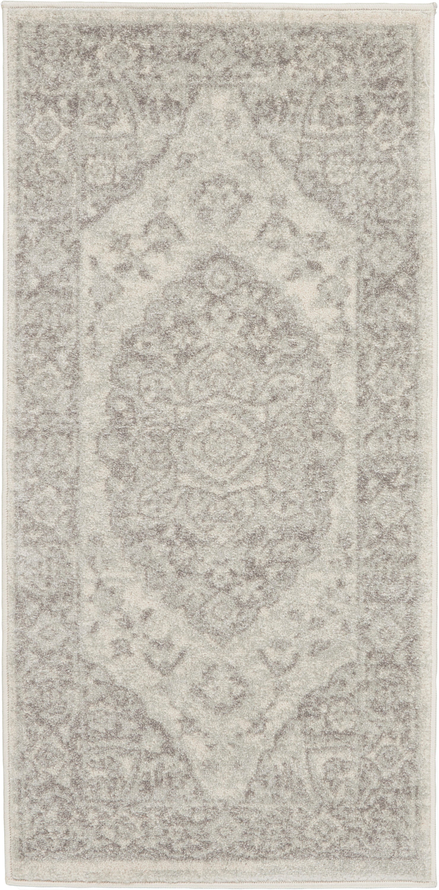 Ivory and light gray vintage oriental rug runner with central medallion and ornate border.
