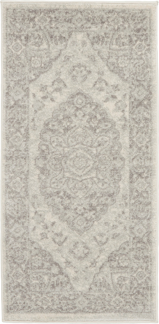 Ivory and light gray vintage oriental rug runner with central medallion and ornate border.