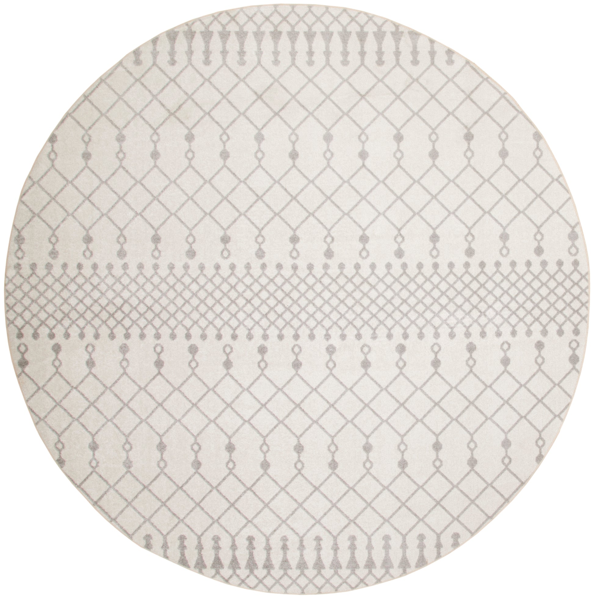 Beige round rug with a gray diamond lattice pattern and dotted bands across the center, 5' diameter.