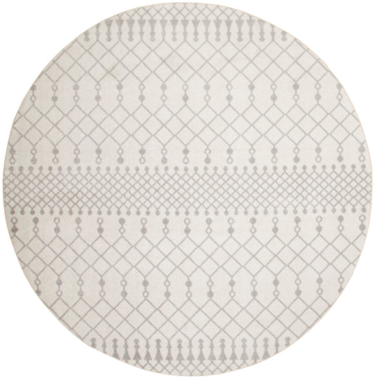 Beige round rug with a gray diamond lattice pattern and dotted bands across the center, 5' diameter.