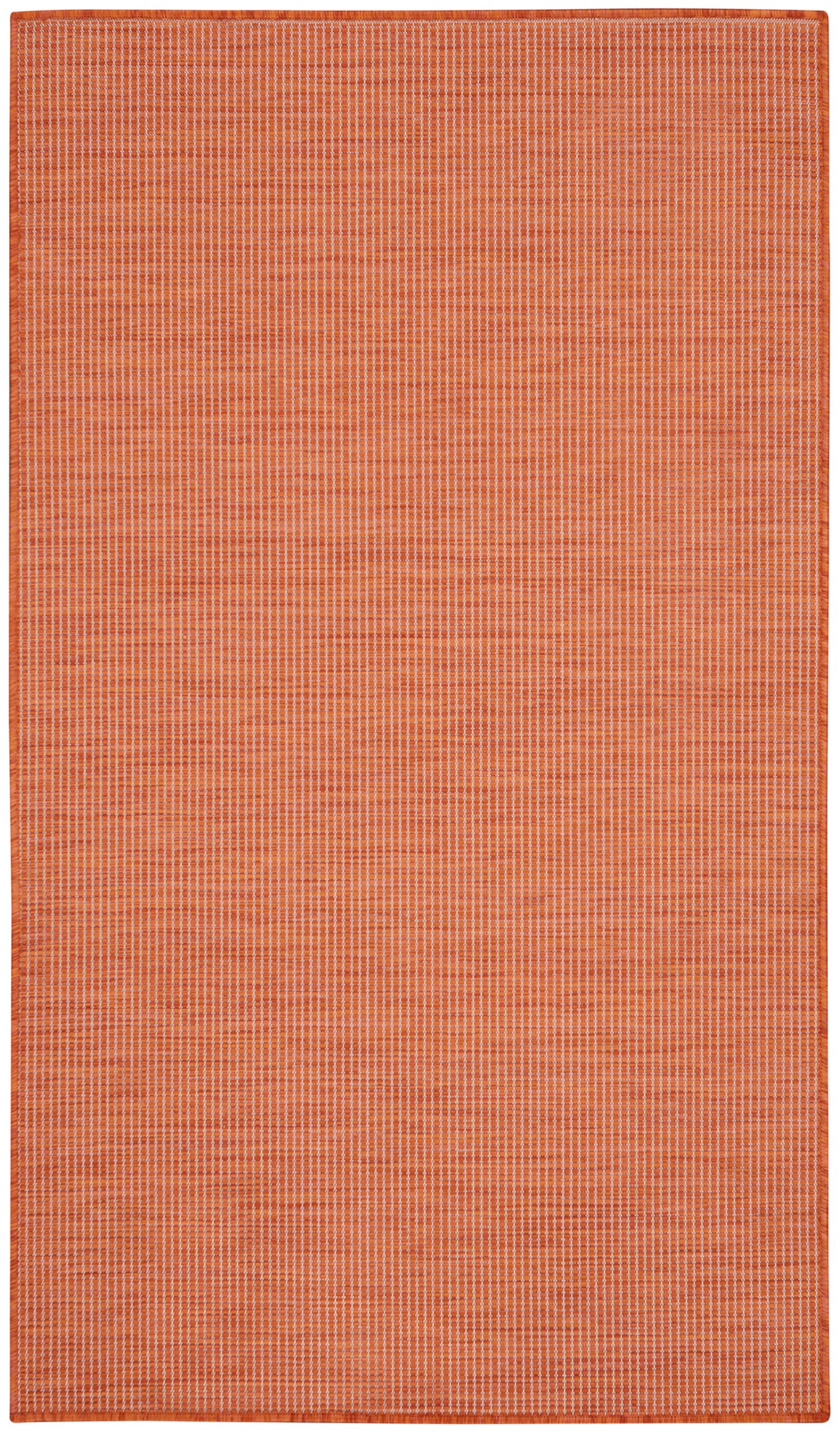 Orange rectangular rug with fine light vertical grid pattern and stitched border.