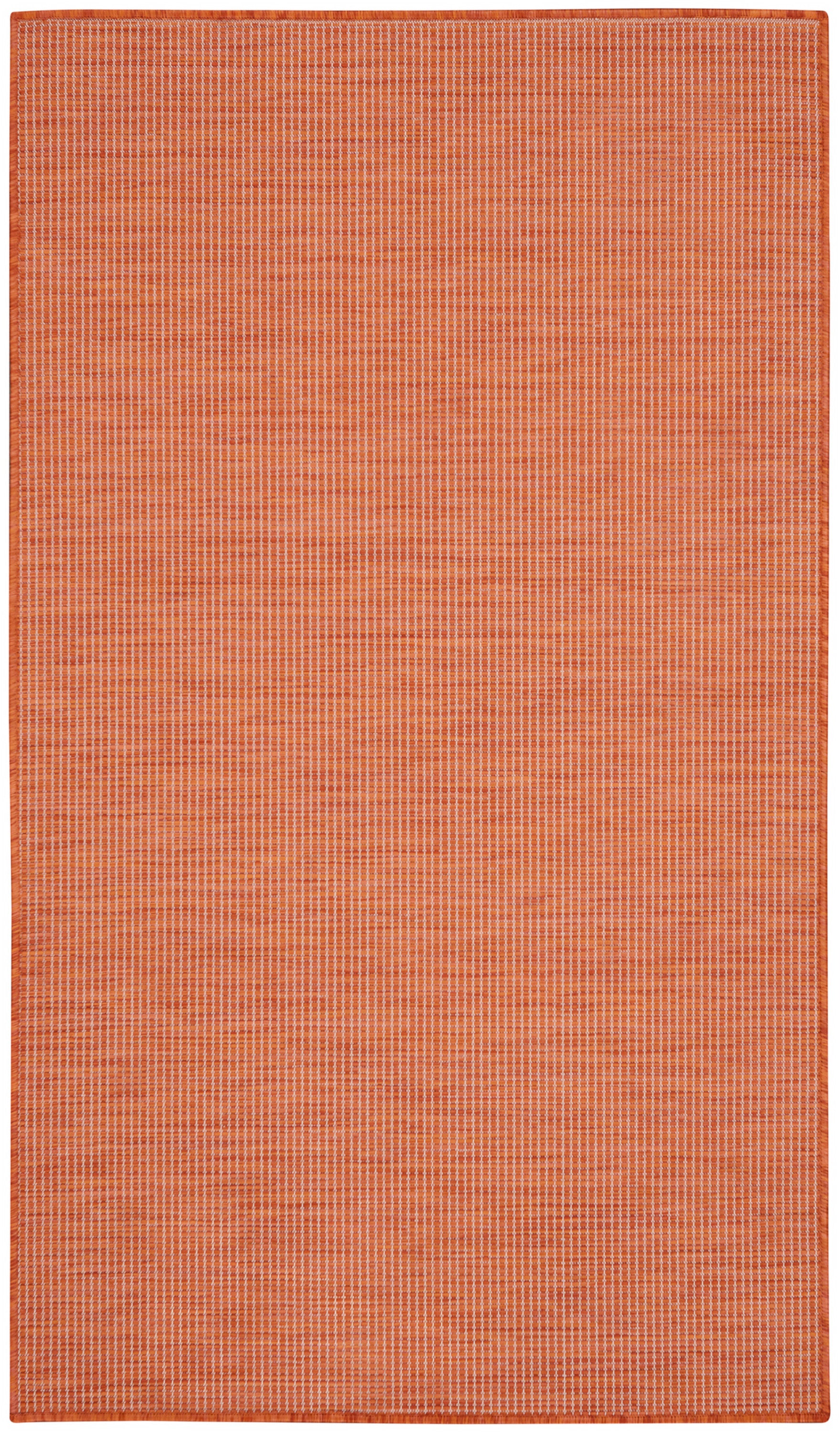 Orange rectangular rug with fine light vertical grid pattern and stitched border.