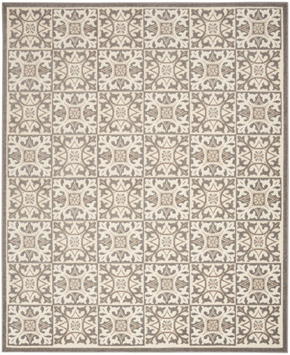 Beige & taupe patterned rug featuring repeating ornate square tile motifs & a dark border.