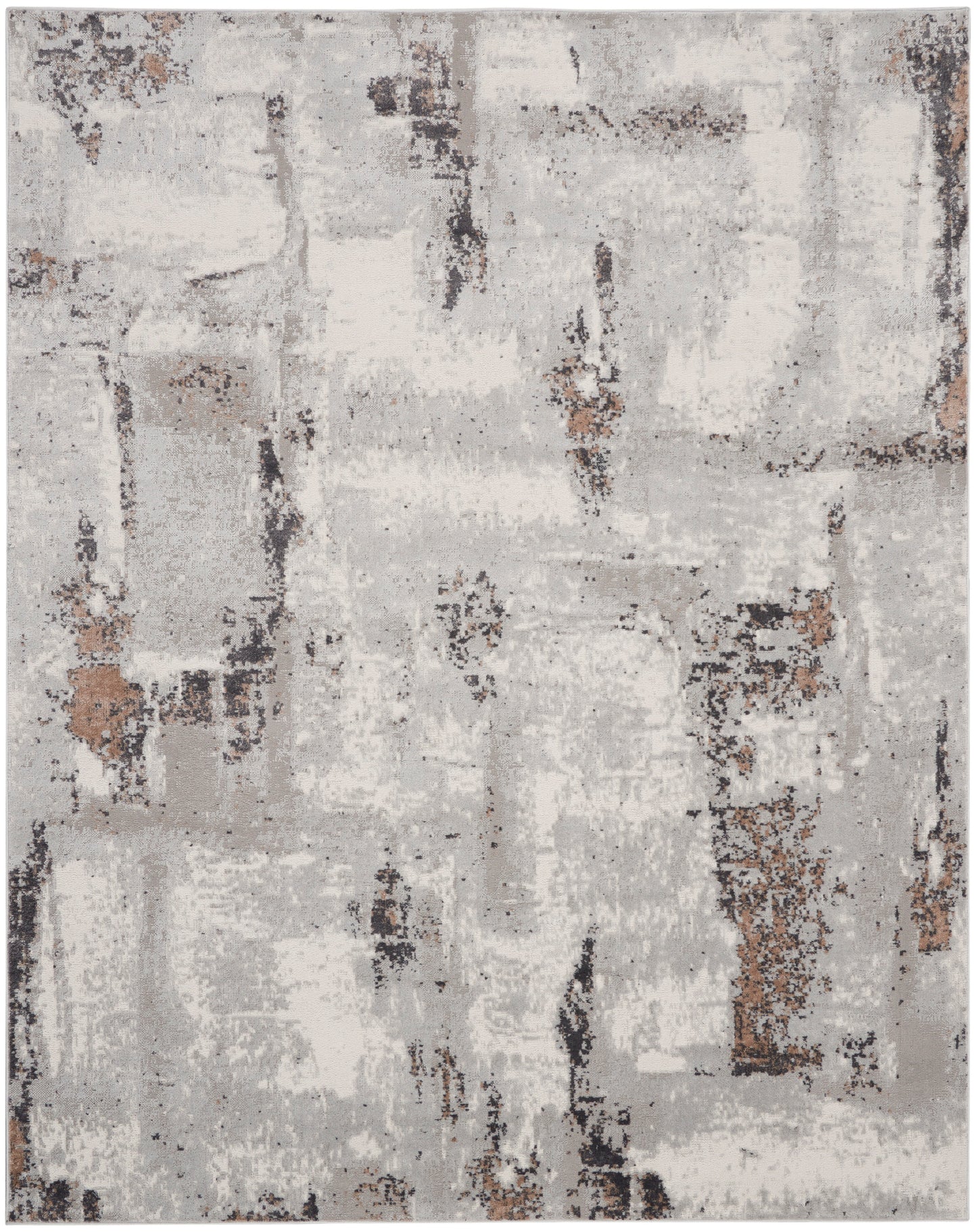 Rectangular abstract area rug in gray, ivory and taupe with a distressed pattern; modern, soft-pile decor rug.