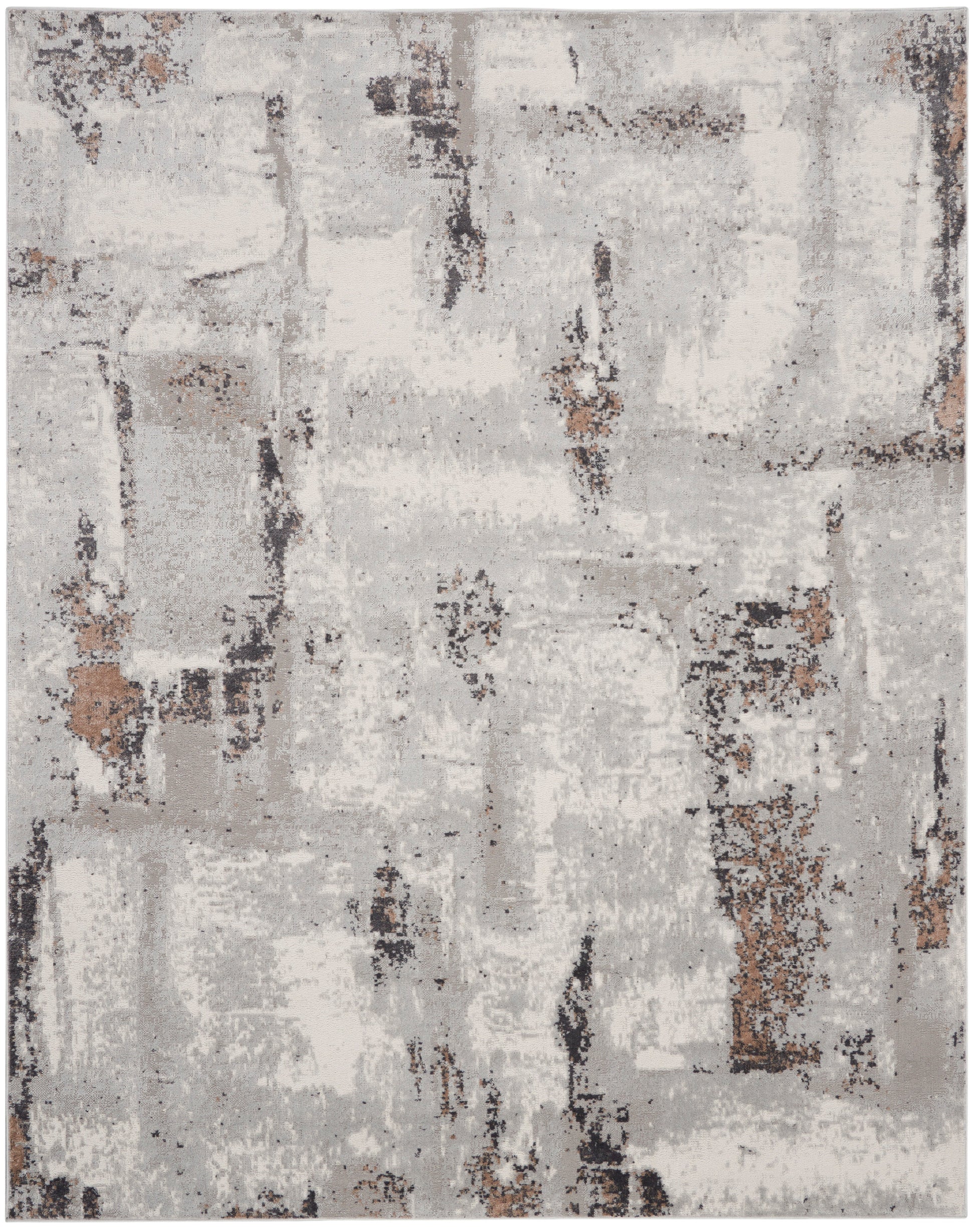 Rectangular abstract area rug in gray, ivory and taupe with a distressed pattern; modern, soft-pile decor rug.