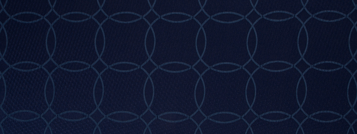 Dark navy background with a repeating light blue interlocking circle chain pattern.