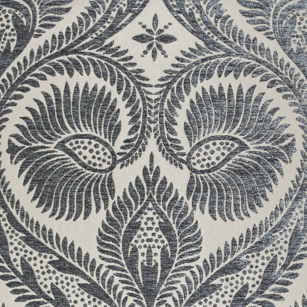 Indigo navy damask-style fabric with fern/leaf motifs on cream background; decorative upholstery textile.