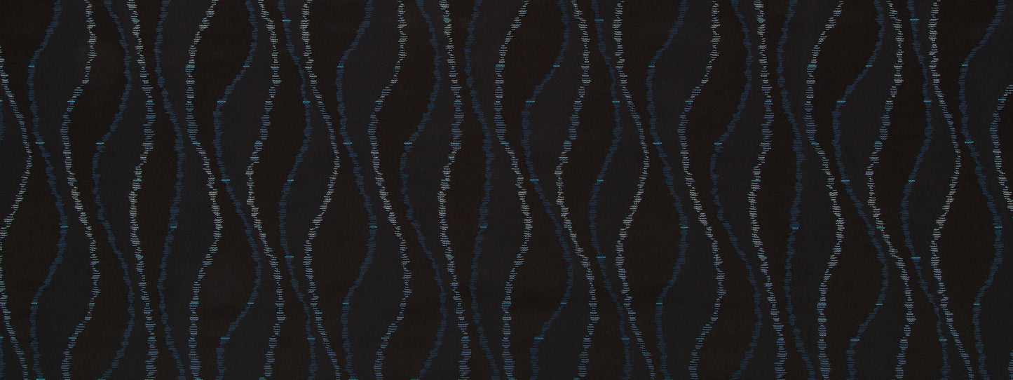 Dark navy fabric with pale blue wavy stripe pattern; bead-like lines suitable for upholstery or apparel.