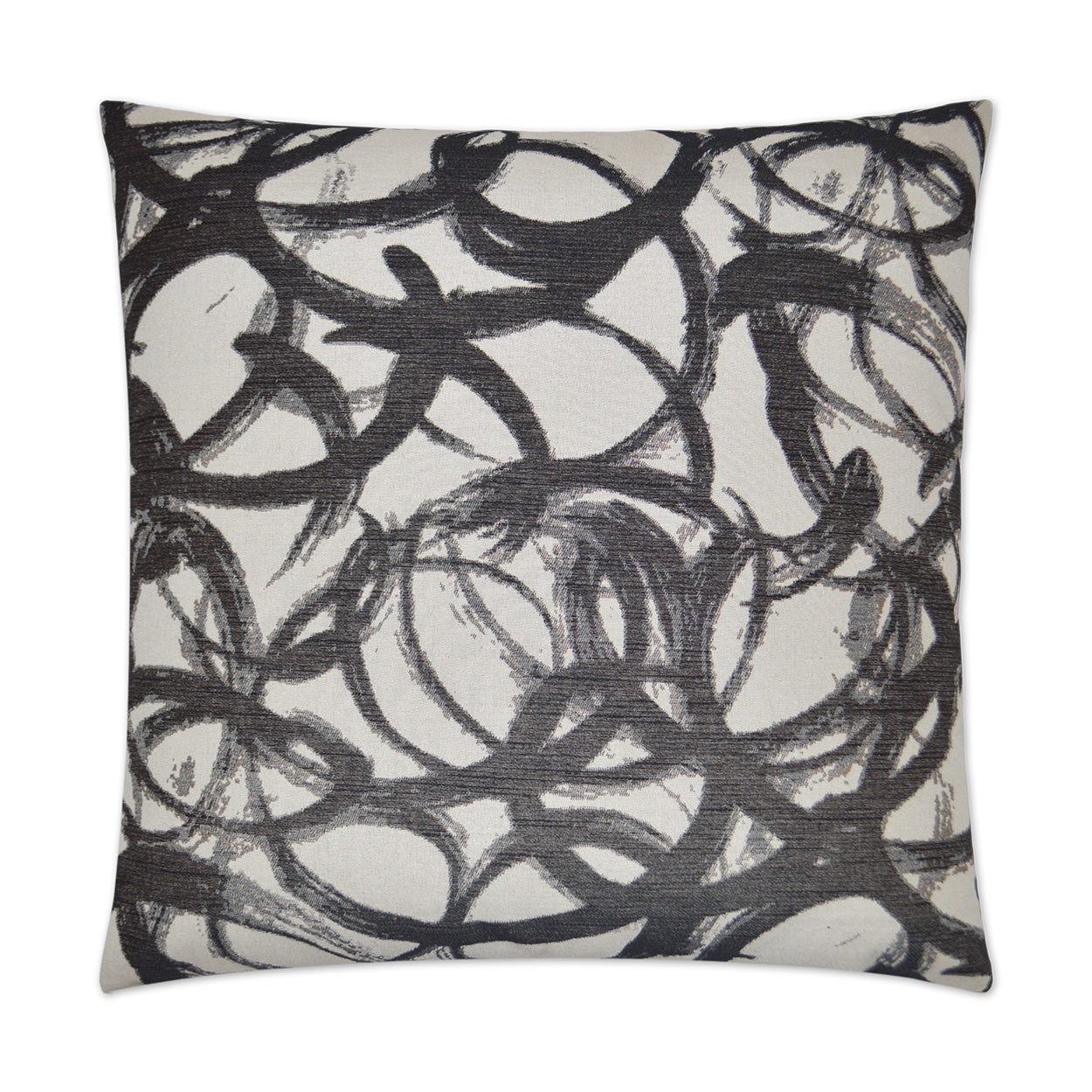 Cream throw pillow with abstract black looping swirl pattern.