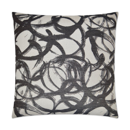 Cream throw pillow with abstract black looping swirl pattern.