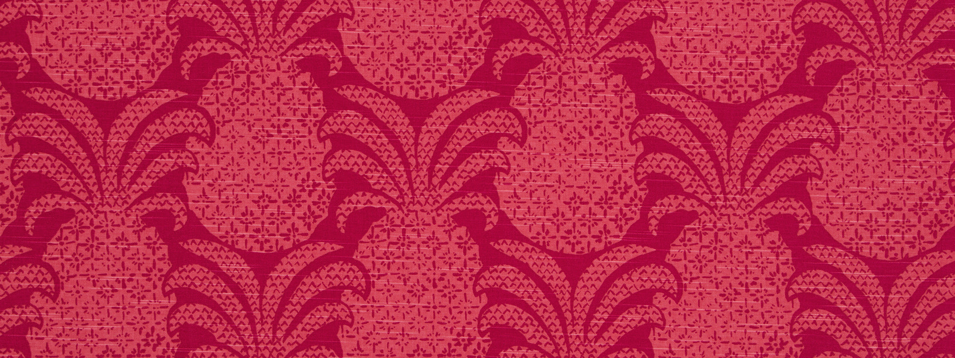 Repeating strawberry pattern in pink and magenta, tropical damask textile/wallpaper design.