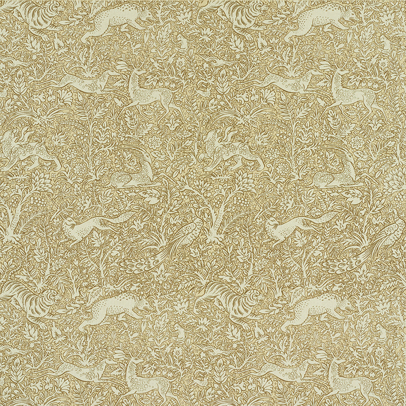 Beige and gold woodland toile pattern with deer, birds and foliage; ideal for wallpaper or upholstery.