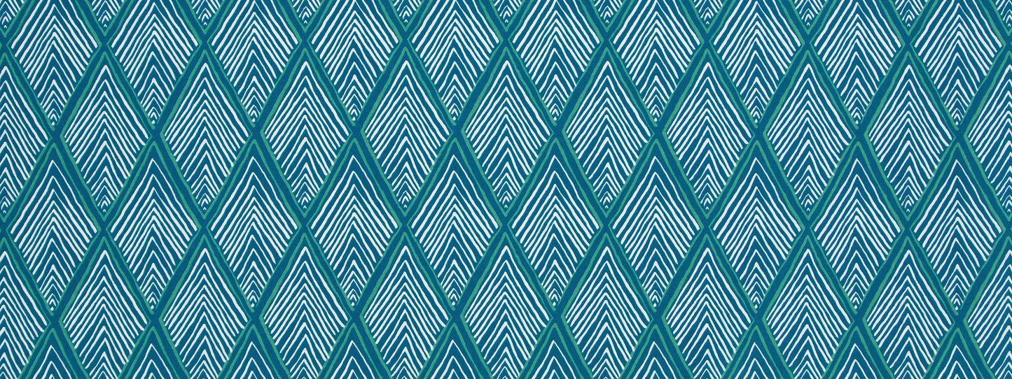 Teal and turquoise diamond lattice pattern with inner chevron lines; geometric wallpaper design.