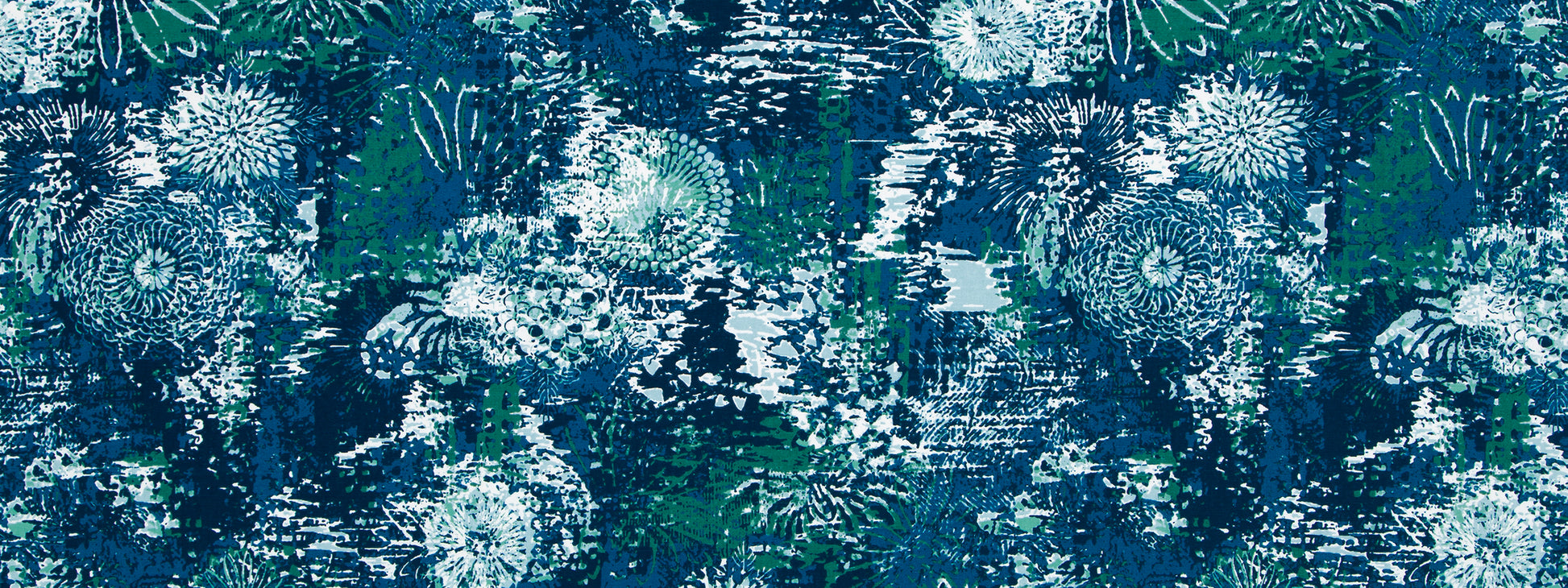 Teal and navy floral print fabric with white daisy motifs; bold botanical pattern for clothing or home decor.