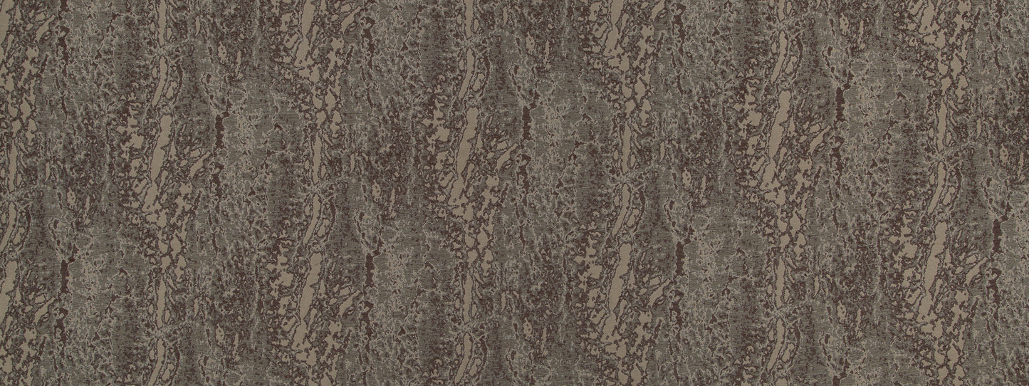 Brown, bark-like textured pattern with vertical striations; rustic woodgrain fabric suitable for drapery.