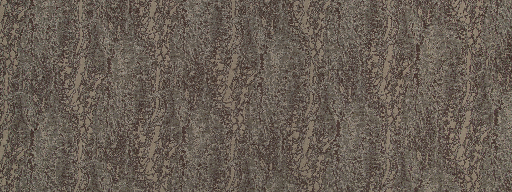 Brown, bark-like textured pattern with vertical striations; rustic woodgrain fabric suitable for drapery.