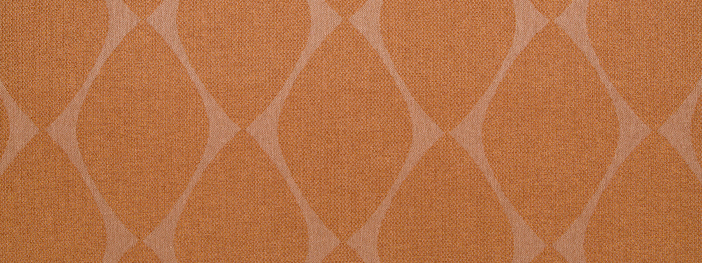 Rust fabric with pale beige interlocking diamond trellis pattern; geometric textile for upholstery or curtains.