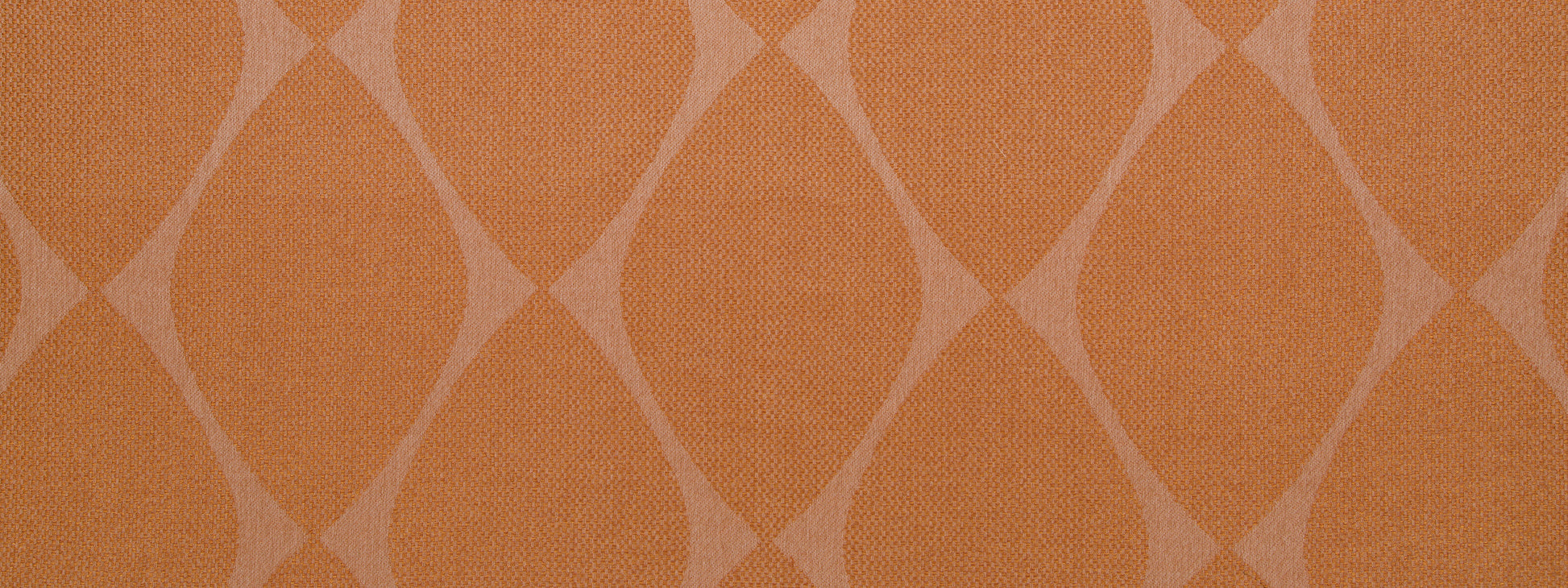Rust fabric with pale beige interlocking diamond trellis pattern; geometric textile for upholstery or curtains.