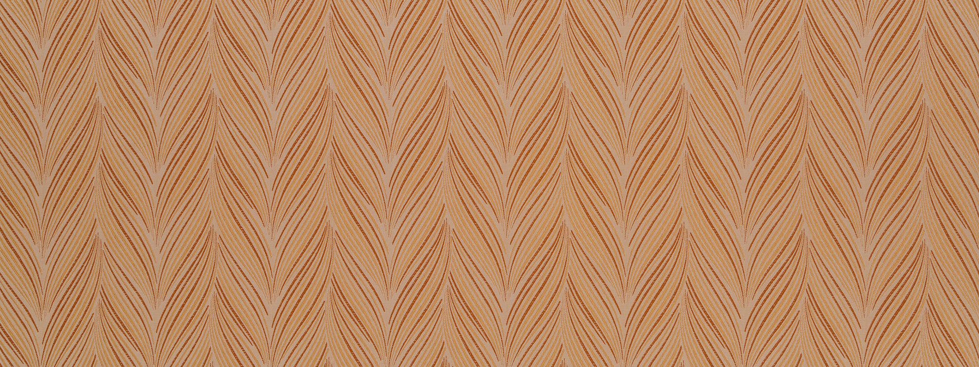 Warm beige leaf-patterned drapery fabric with repeating chevron fronds.