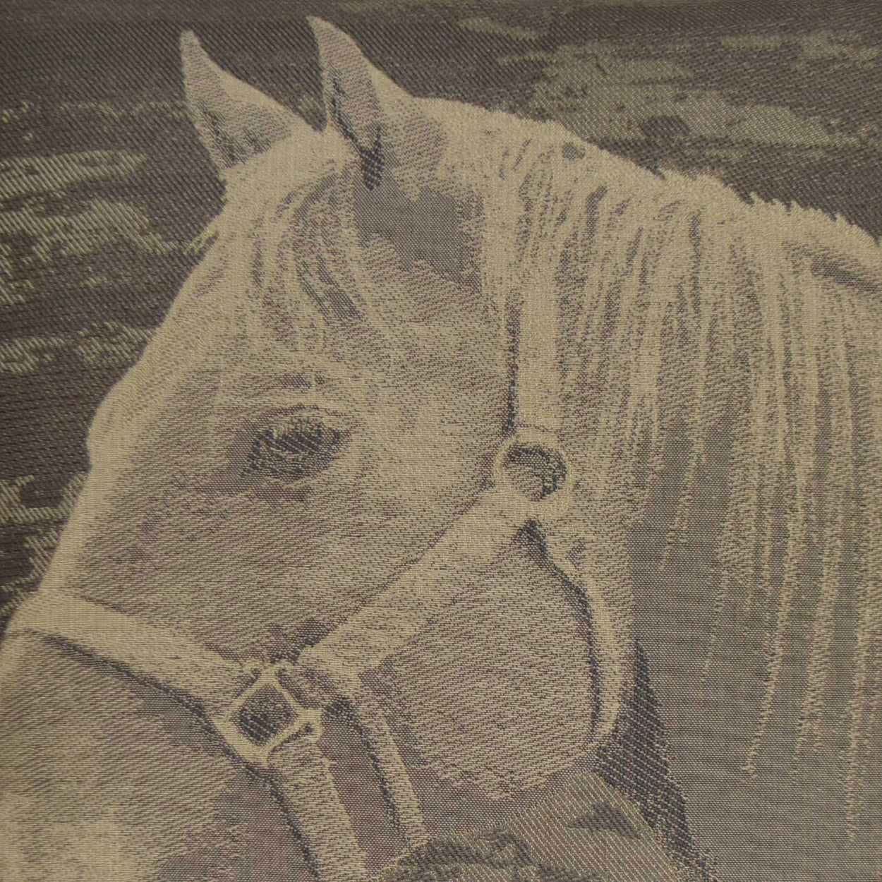 Beige-toned fabric print of a horse head in a halter, close-up, vintage textile style.