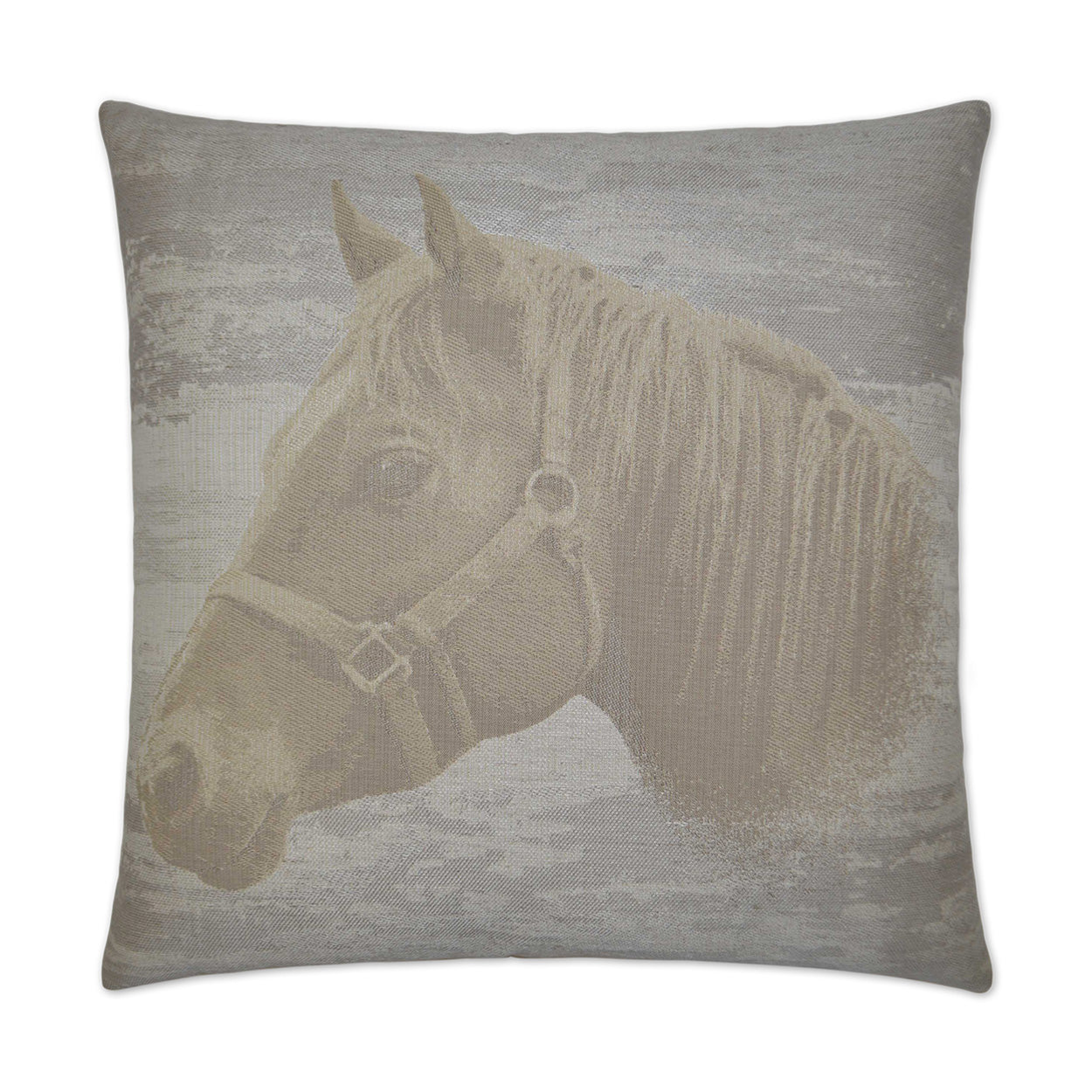 Decorative throw pillow featuring a muted beige horse head on gray textured background; rustic equine motif.