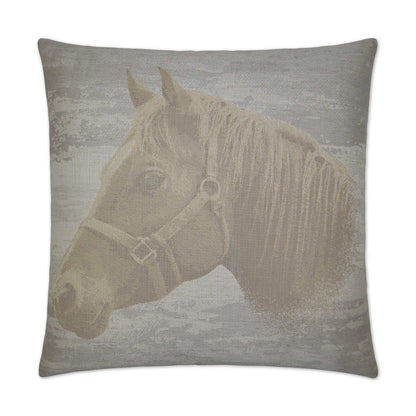 Decorative throw pillow featuring a muted beige horse head on gray textured background; rustic equine motif.