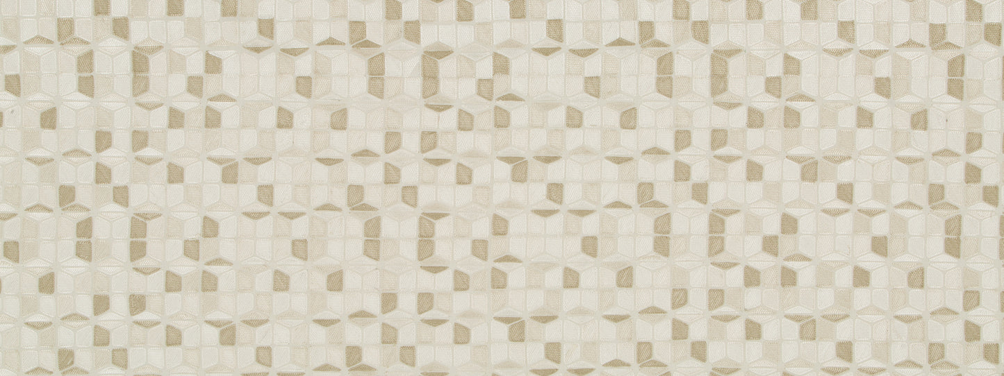 Beige geometric cube tessellation pattern; subtle tile-like texture on linen multipurpose fabric.