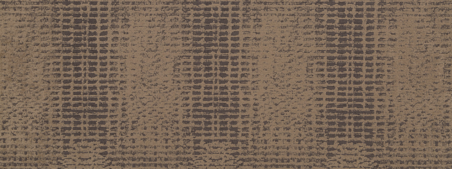 Brown woven upholstery fabric with a dark plaid grid, chunky textured yarns, rustic decor.