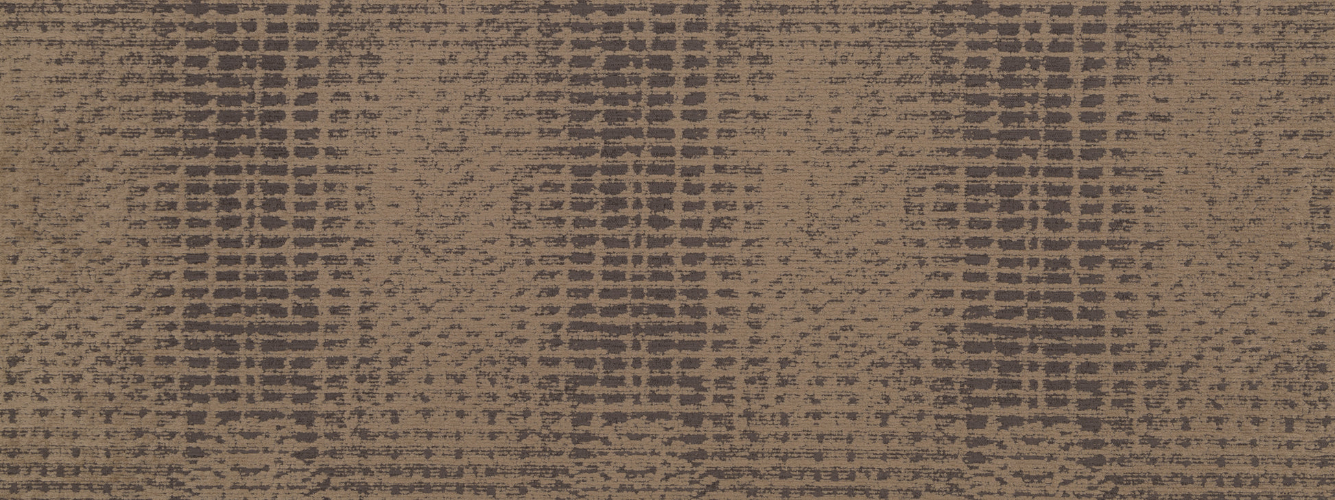 Brown woven upholstery fabric with a dark plaid grid, chunky textured yarns, rustic decor.