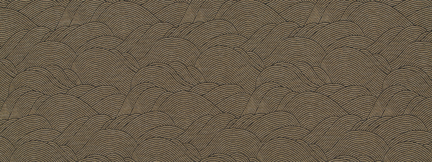 Brown-toned upholstery fabric with a repeating curved wave pattern in darker brown; decorative textile.