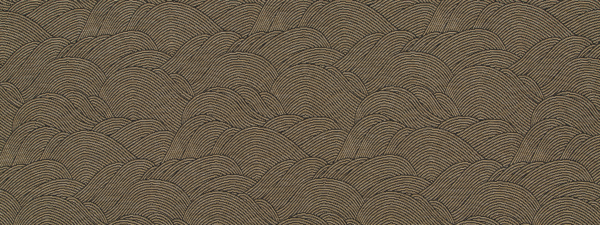 Brown-toned upholstery fabric with a repeating curved wave pattern in darker brown; decorative textile.