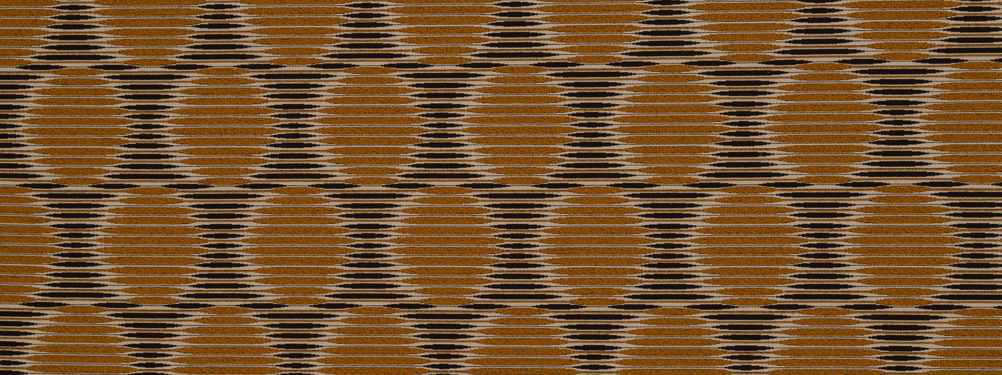 Geometric repeating orange oval lattice with black accents on rust upholstery fabric; retro pattern.