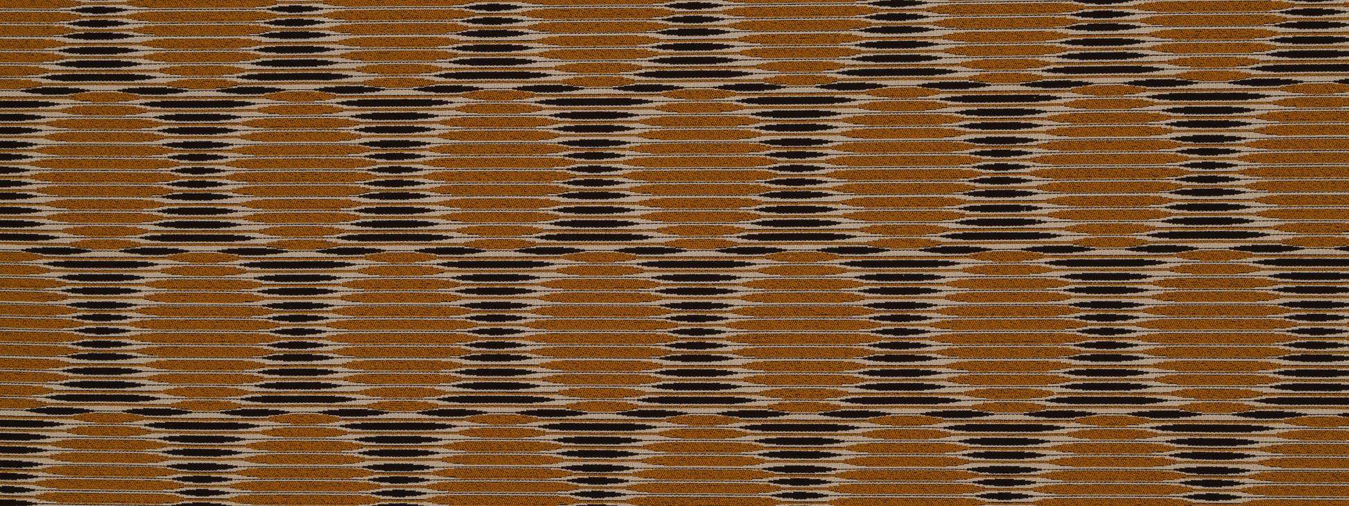 Geometric repeating orange oval lattice with black accents on rust upholstery fabric; retro pattern.