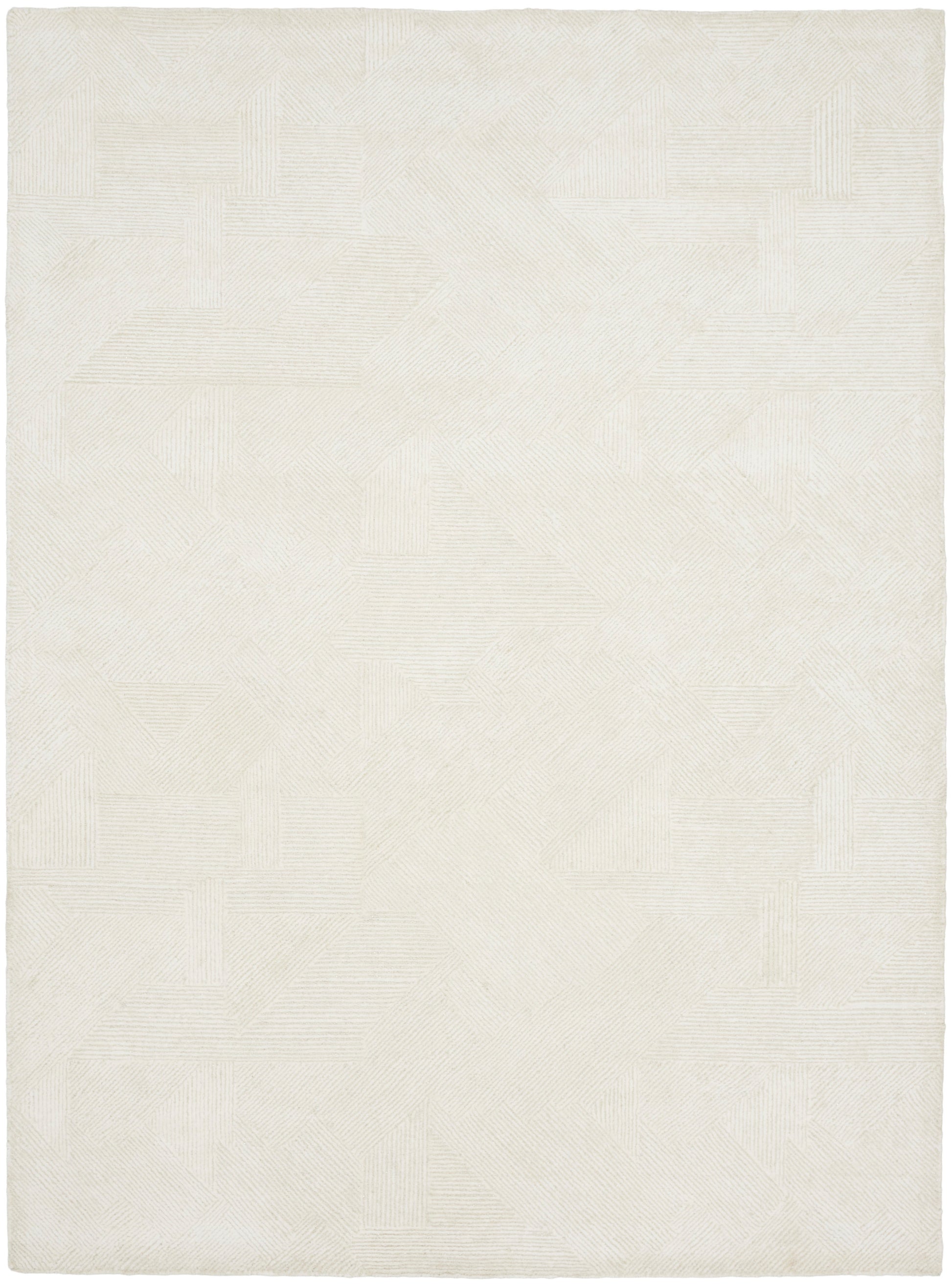 Cream woven area rug with subtle geometric patchwork texture of interlocking rectangles and triangles.