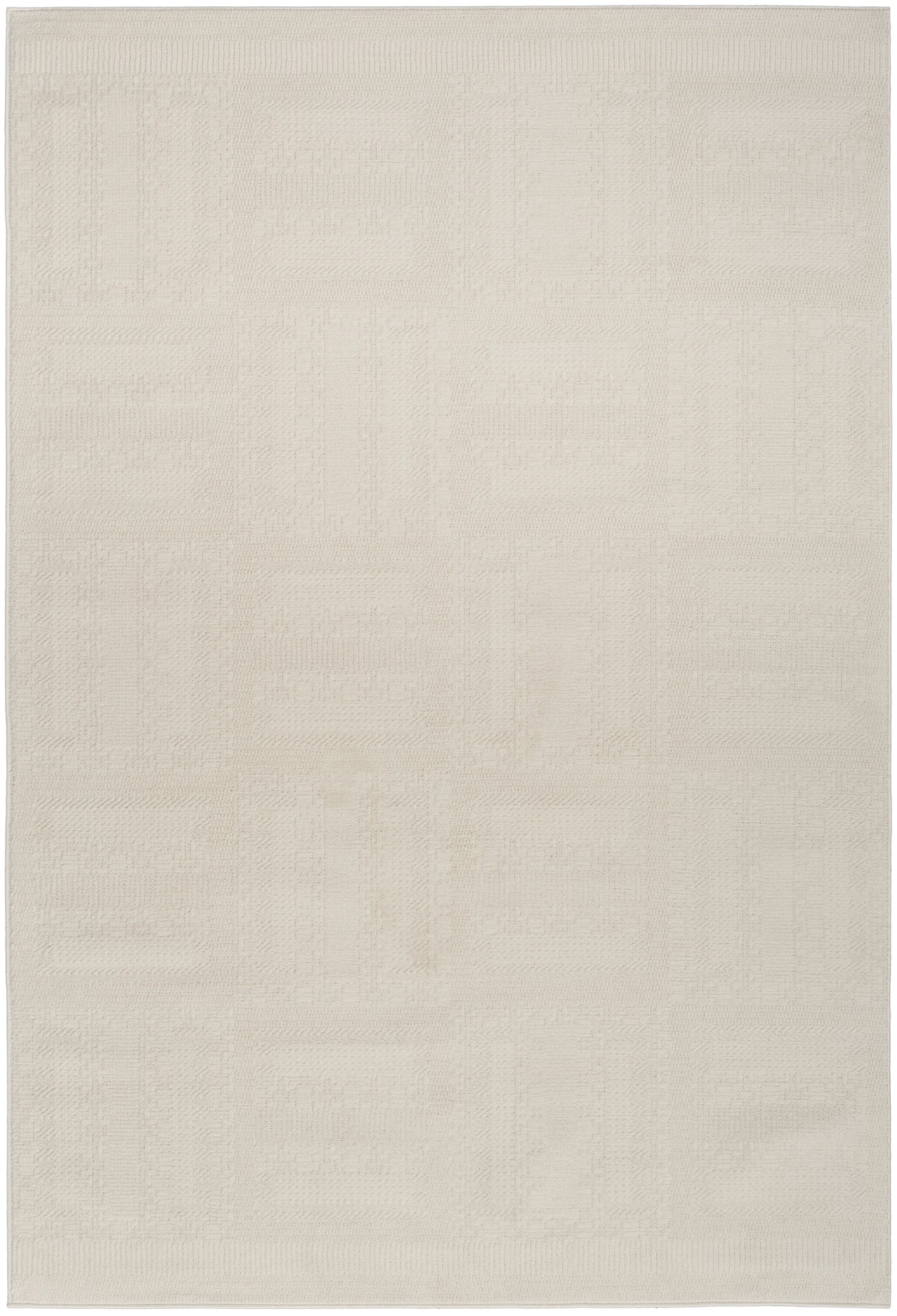 Cream rectangular area rug with subtle geometric patchwork squares in a textured weave.