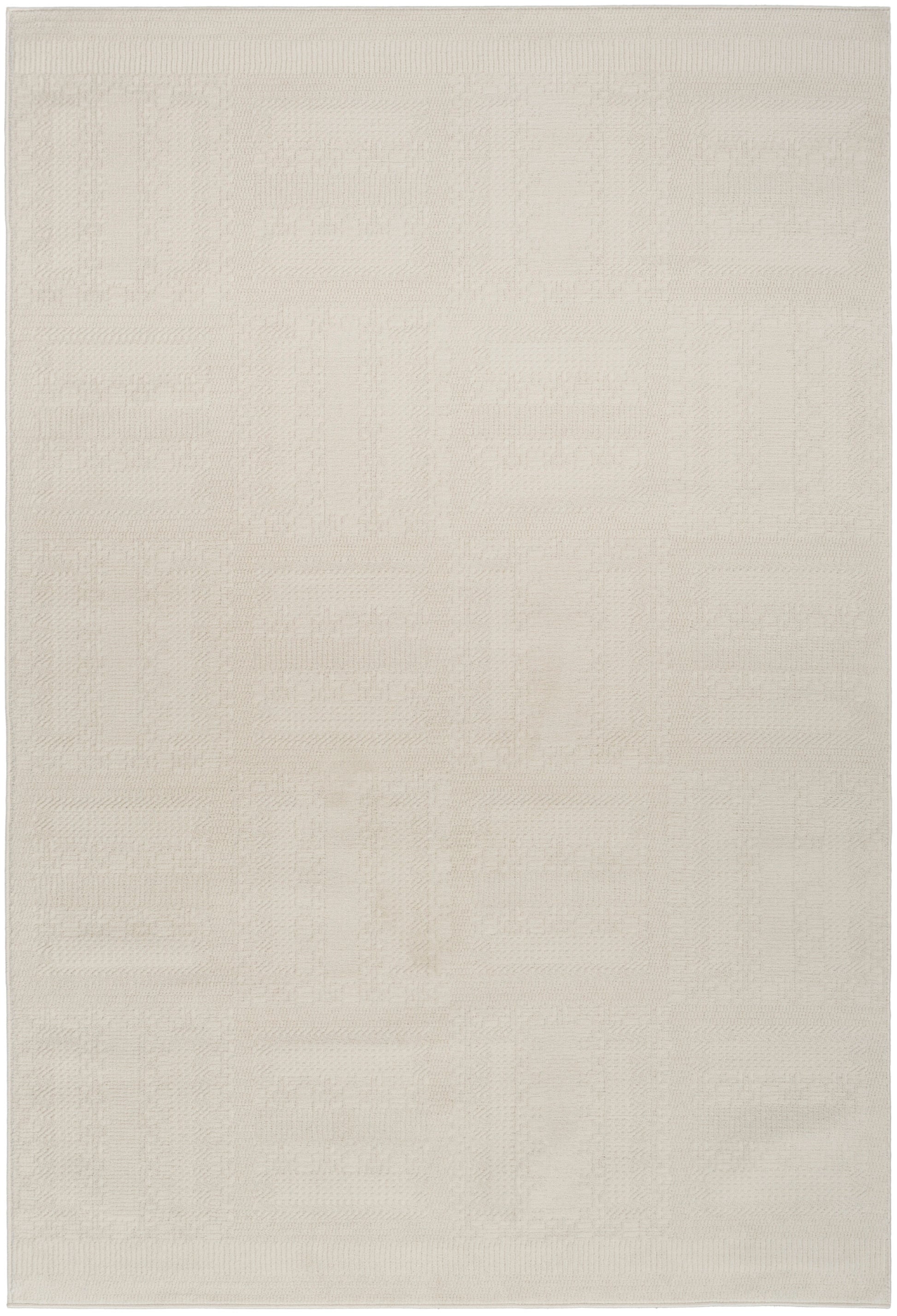 Cream rectangular area rug with subtle geometric patchwork squares in a textured weave.
