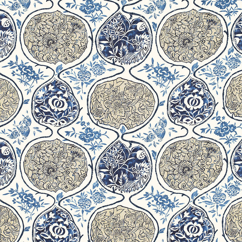 Blue and beige floral medallion pattern with intertwining gourds on a white background.