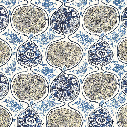 Blue and beige floral medallion pattern with intertwining gourds on a white background.