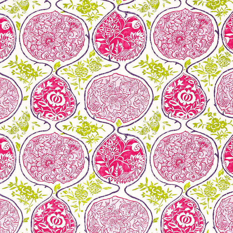 Repeating pink magenta floral medallions linked by purple lines with lime green foliage; vibrant textile wallpaper pattern.