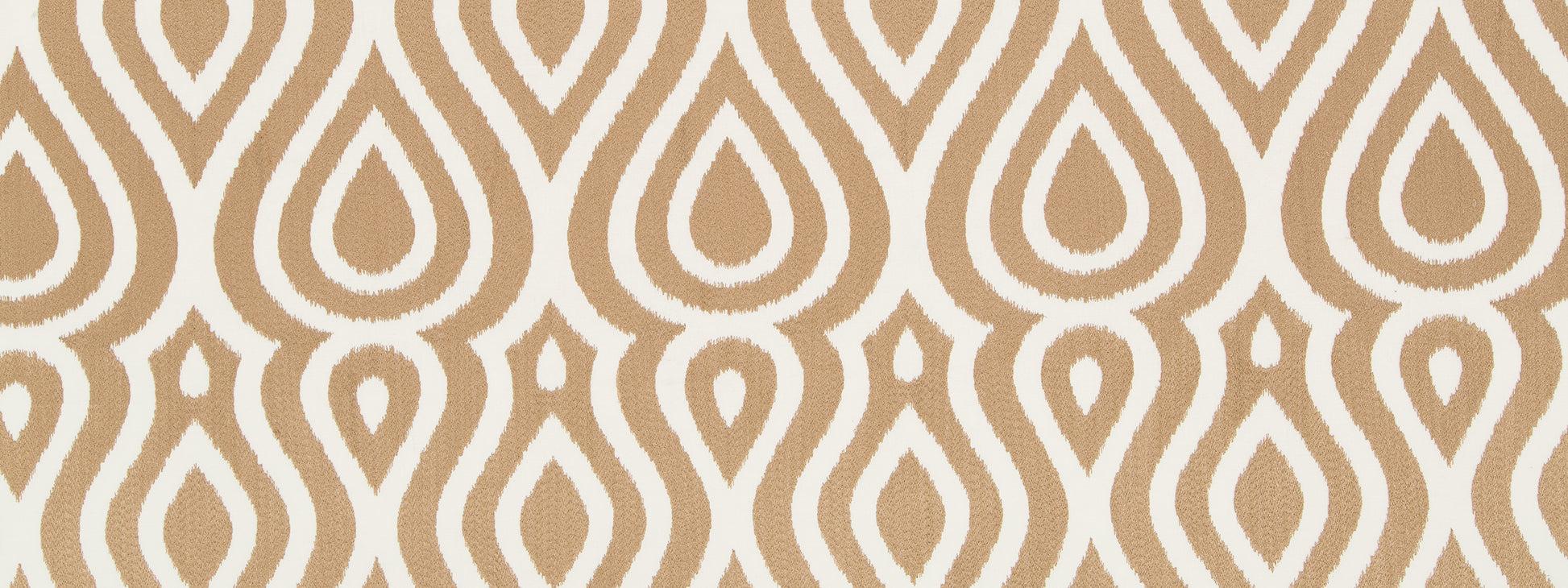 Beige teardrop lattice pattern on white background; repeating Moroccan-inspired wallpaper design.