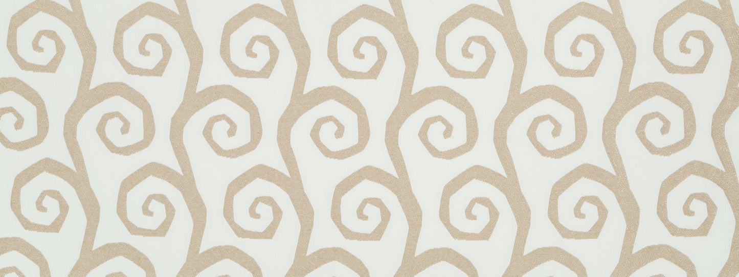 Beige spiral scroll damask-style pattern on a tea-colored background; seamless upholstery fabric design.