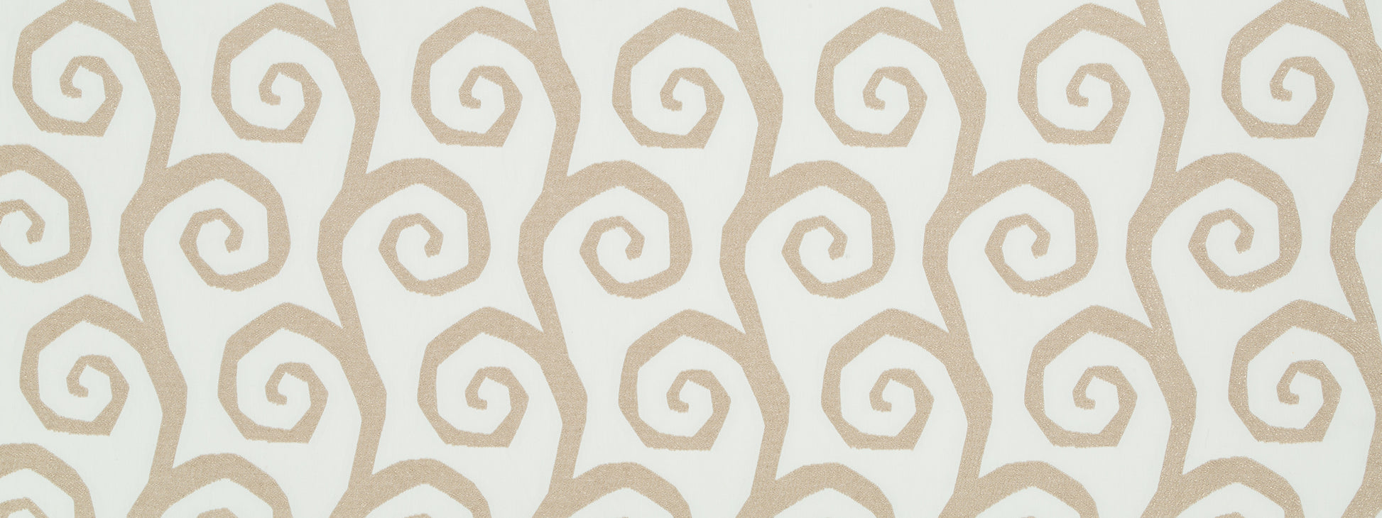 Beige spiral scroll damask-style pattern on a tea-colored background; seamless upholstery fabric design.