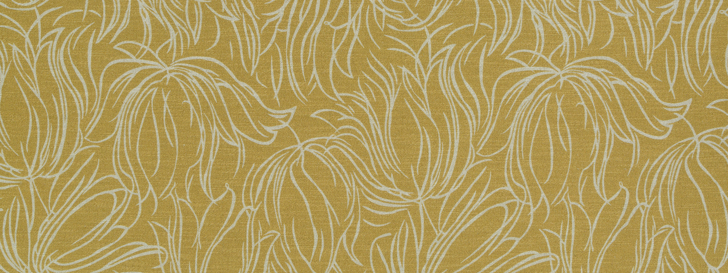 Brass-colored upholstery fabric with a white Tulip Etch botanical line pattern and textured weave.